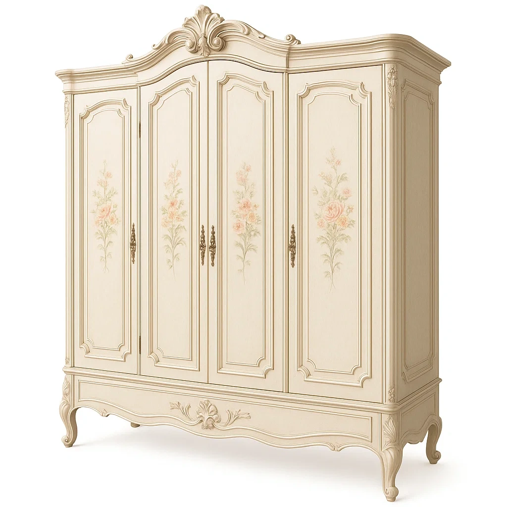 Armoire 4 portes bois crème motif floral-PLUSHFURNIFIT