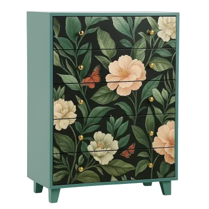 Commode 5 tiroirs en bois avec motif floral et papillon-PLUSHFURNIFIT