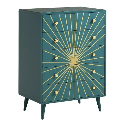 Commode en mdf avec 5 tiroirs vert et doré-PLUSHFURNIFIT