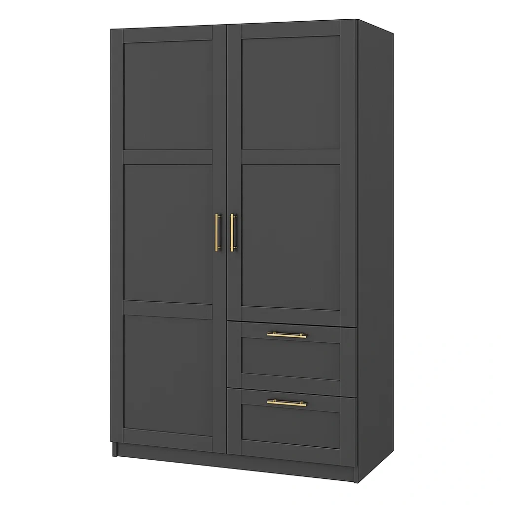 Armoire 2 portes 2 tiroirs en bois gris foncé avec poignées métalliques-PLUSHFURNIFIT