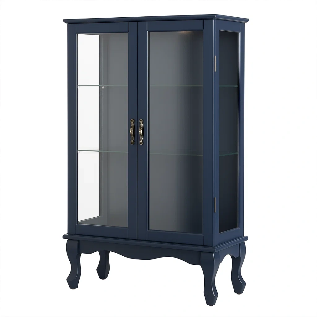Vitrine en bois avec portes vitrées et pieds incurvés 120x80x40 cm bleu-PLUSHFURNIFIT