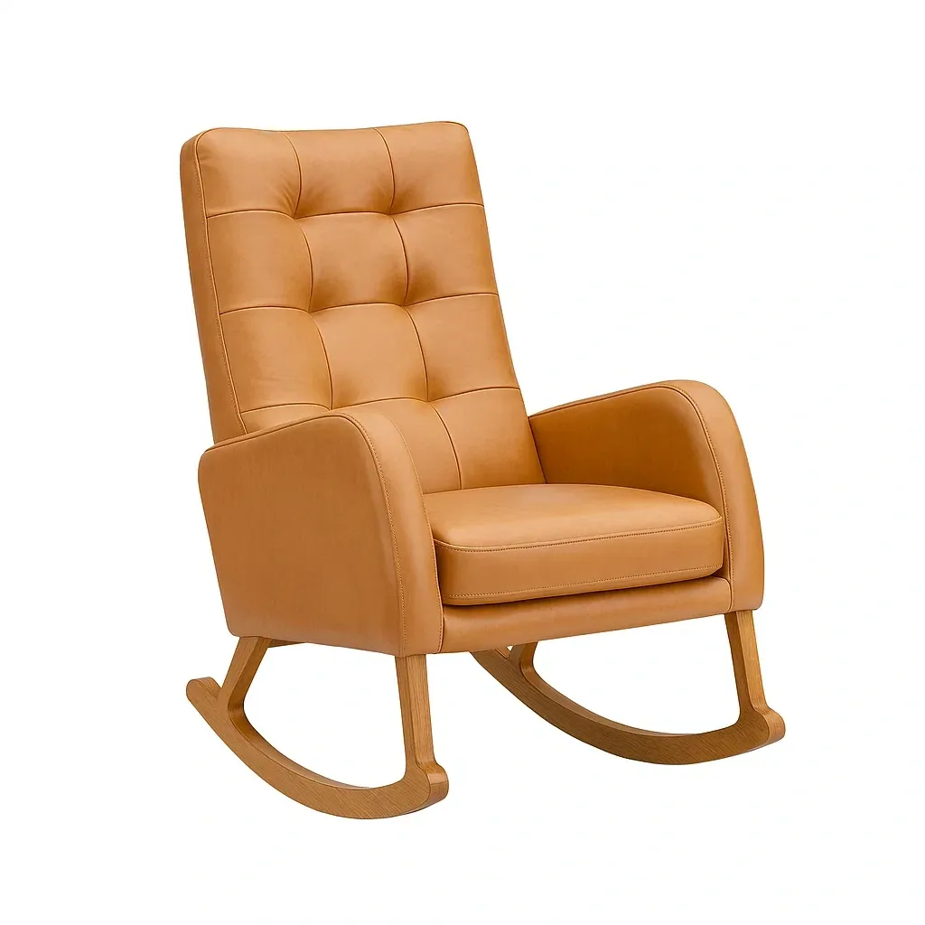 Fauteuil à bascule en similicuir marron clair avec base en bois-PLUSHFURNIFIT