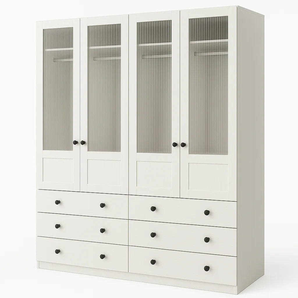 Armoire 4 portes vitrées avec tiroirs en bois et verre-PLUSHFURNIFIT