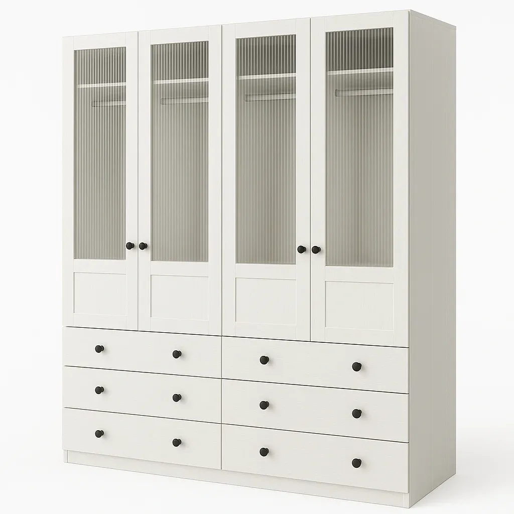 Armoire 4 portes vitrées avec tiroirs en bois et verre-PLUSHFURNIFIT