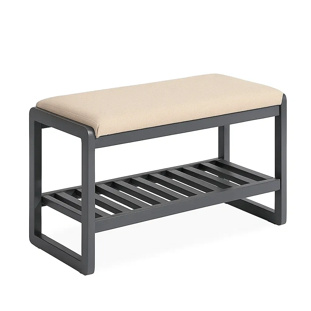 Banc à chaussures métal noir tissu beige-PLUSHFURNIFIT