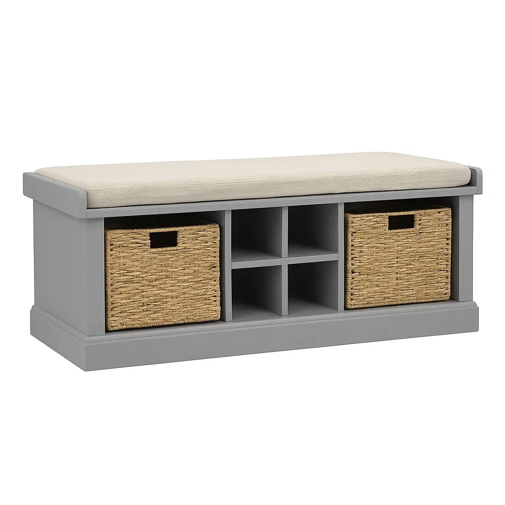 Banc à chaussures en bois avec coussin en polyester et paniers en osier-PLUSHFURNIFIT