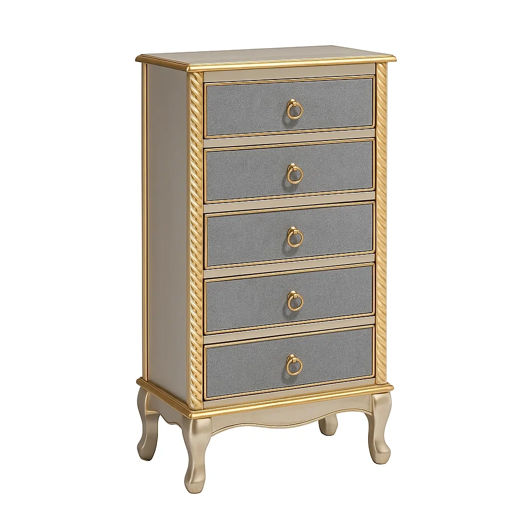 Commode à tiroirs haute 5 tiroirs bois massif et tissu or/gris-DREAMPLUSHHOME
