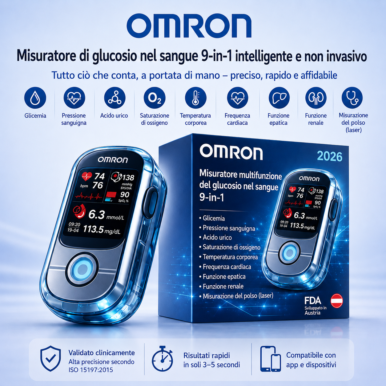 Basta aghi🔥 e dolore! 🔥 | Omron™ glukometro non invasivo – controllo facile🔥 e preciso della glicemia, ovunque tu sia 🔥