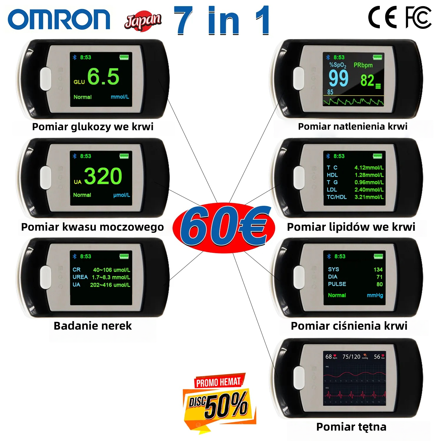 Omron – bezinwazyjny glukometr, który mierzy poziom cukru w 5 sekund z dokładnością 99% ✨. Proste i bezbolesne monitorowanie zdrowia.