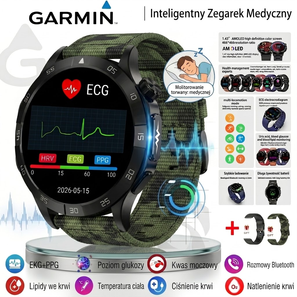 Garmin AI Inteligentny Zegarek Medyczny 2026 | Kompleksowe Monitorowanie Zdrowia EKG + PPG