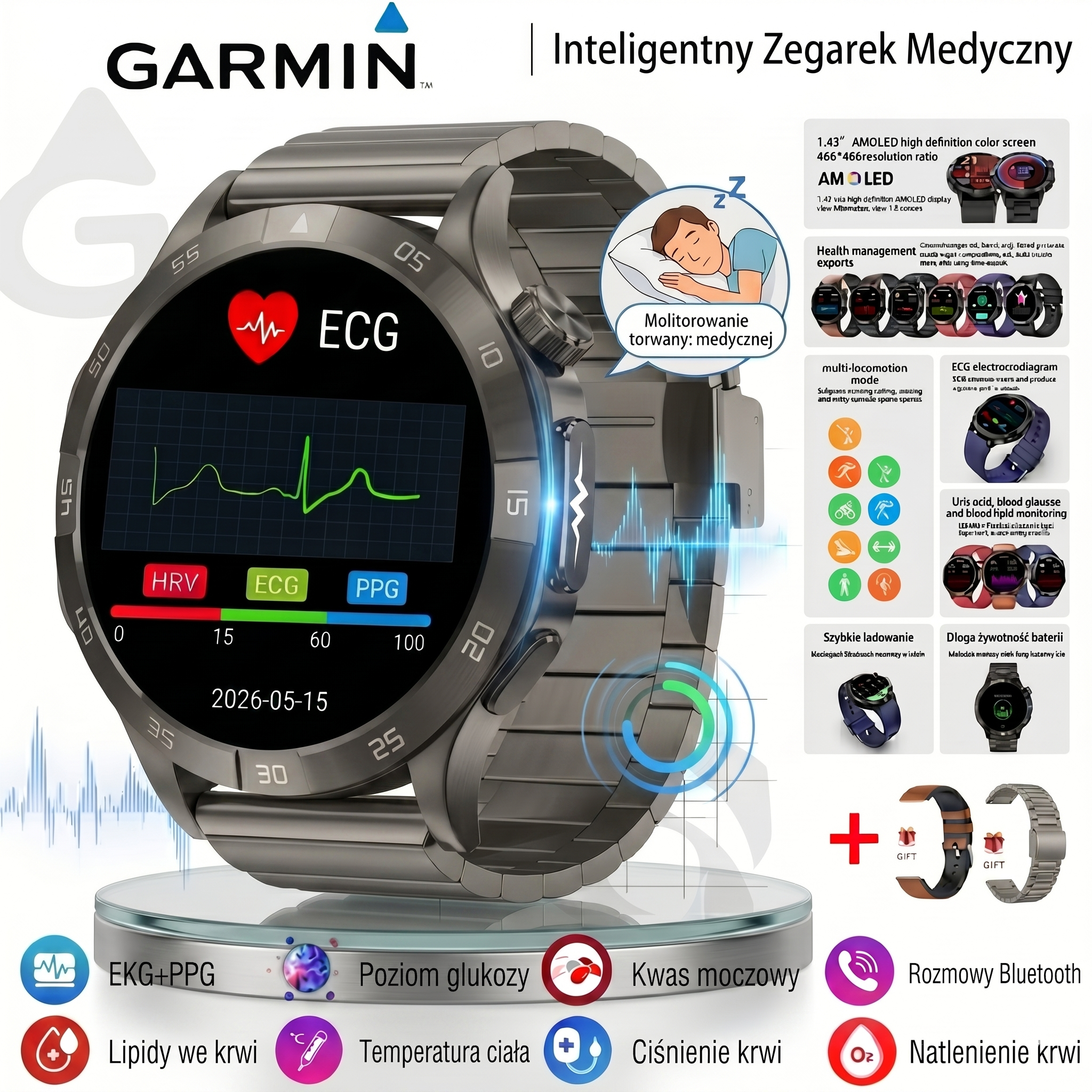Garmin AI Inteligentny Zegarek Medyczny 2026 | Kompleksowe Monitorowanie Zdrowia EKG + PPG