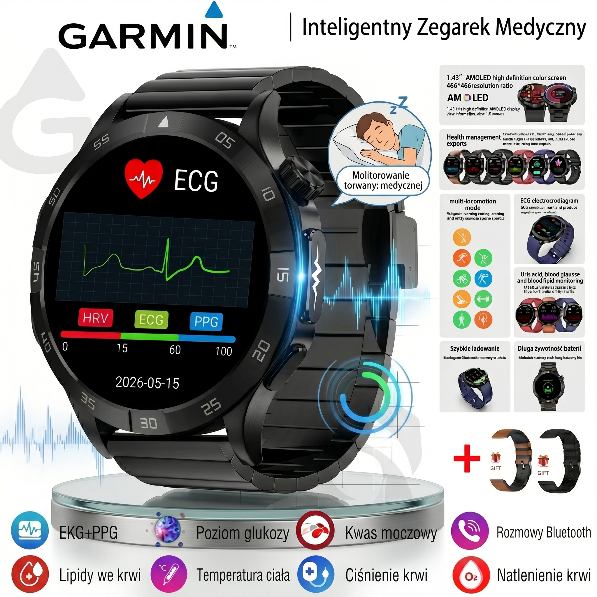 Garmin AI Inteligentny Zegarek Medyczny 2026 | Kompleksowe Monitorowanie Zdrowia EKG + PPG