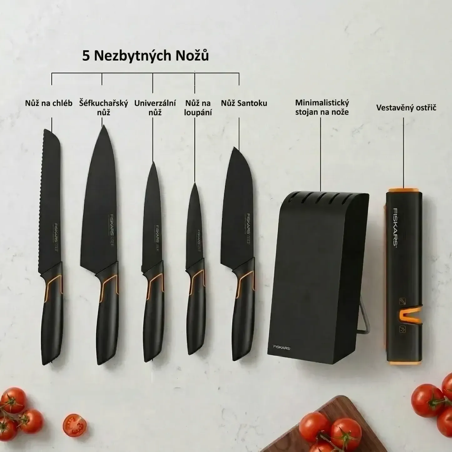 👩‍🍳👩‍🍳Limitovaná edice: 5dílná sada nožů FISKARS® (s držákem na nože) – řada FISKARS EDGE, ostré kuchyňské nože + ořezávátko🔪🔪