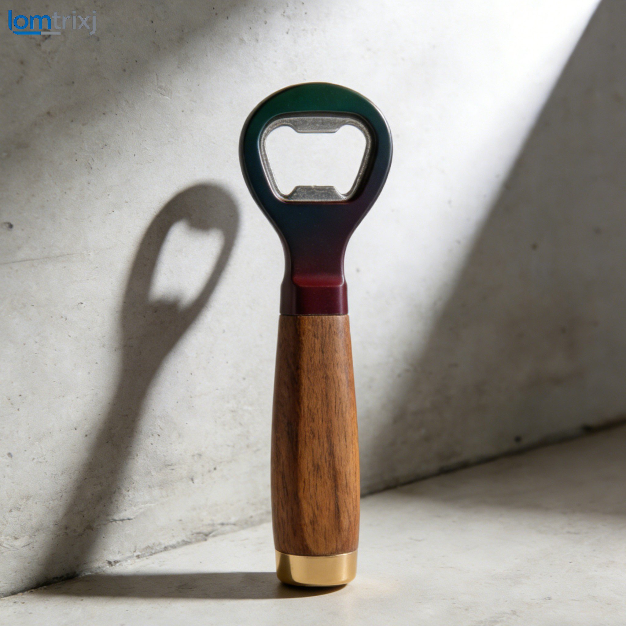 Close-up of ergonomic wooden handle bottle opener