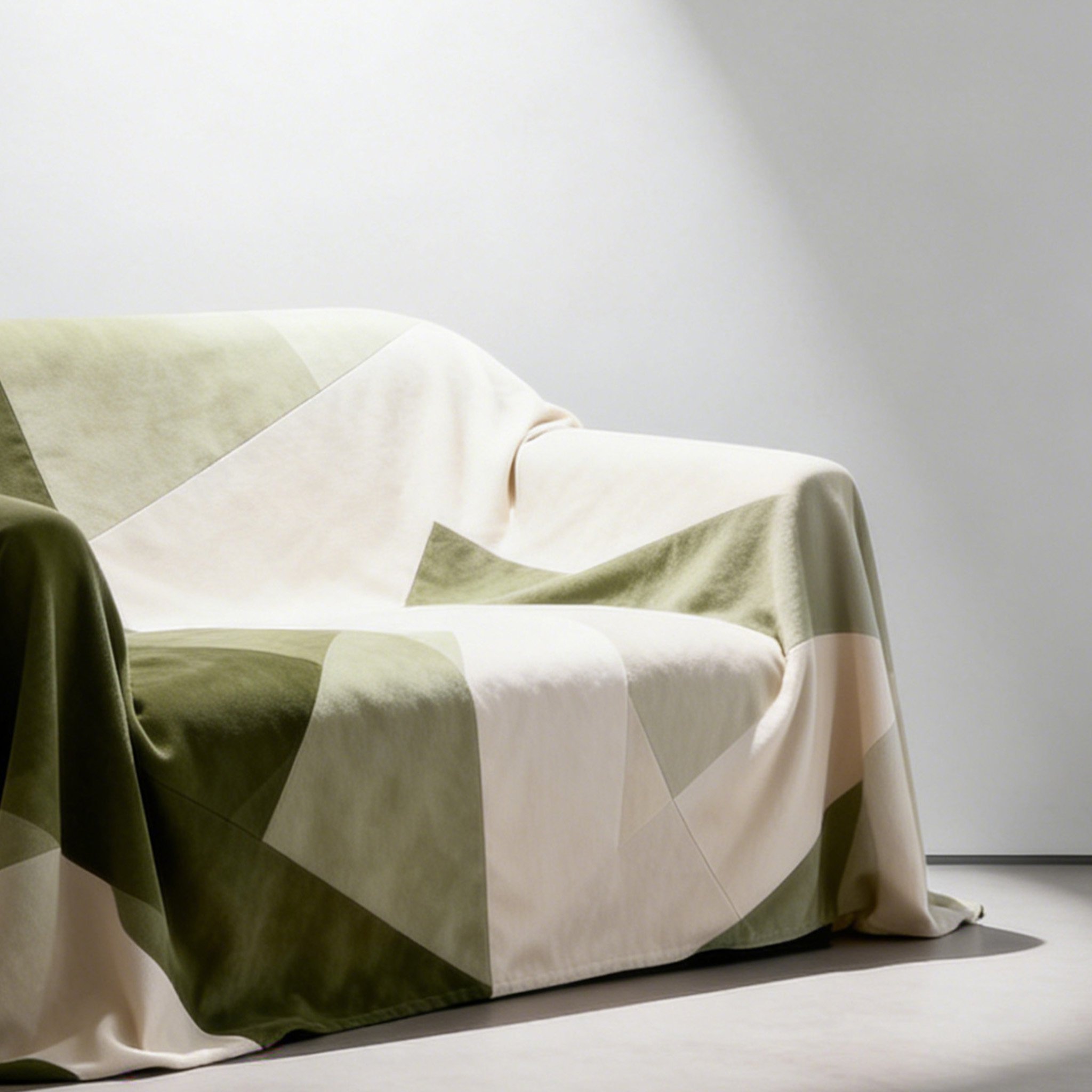 Close-up of soft fabric texture of green and white sofa cover