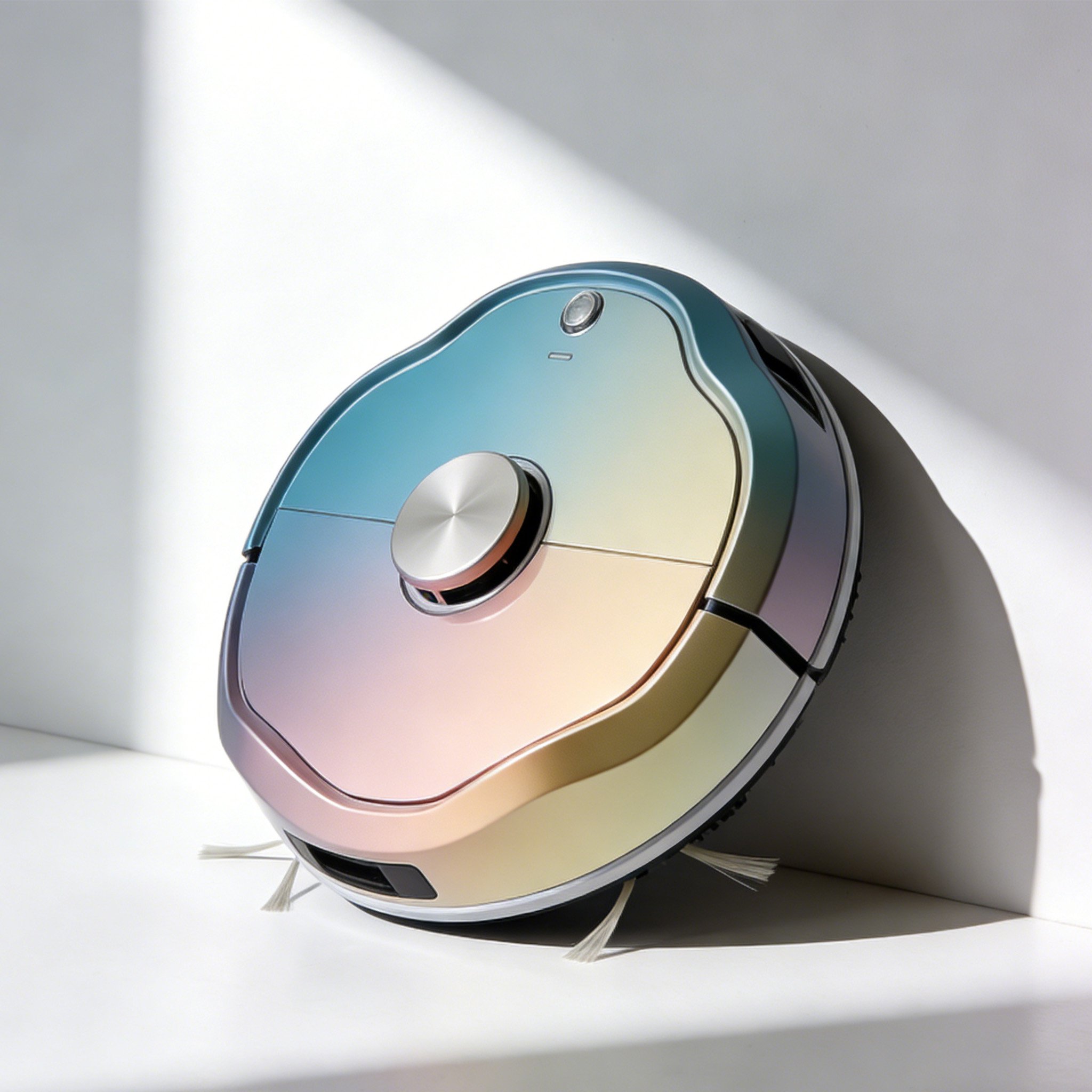 Colorful metallic sweeping robot on hardwood floor