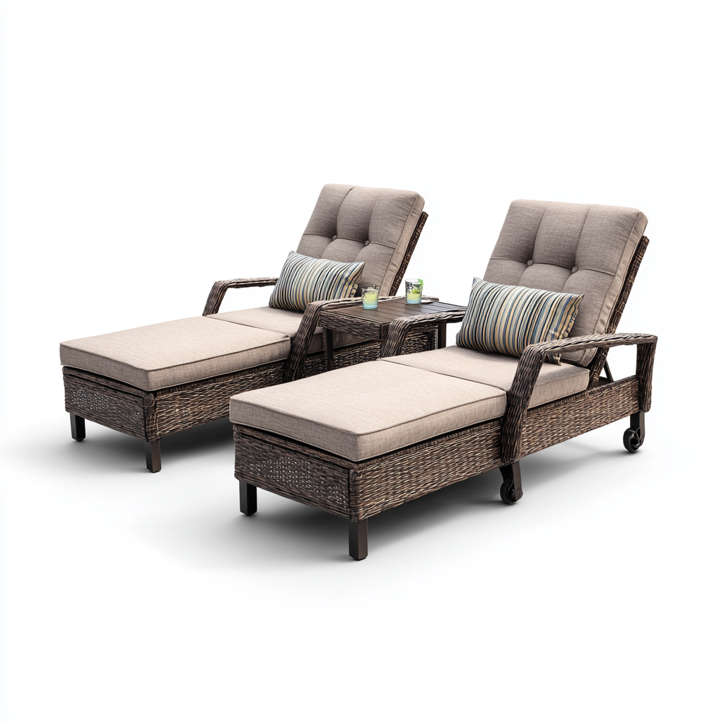 Transat en résine tressée 195x65x90 cm - coussins beige - usage extérieur - design détente-Havengetio