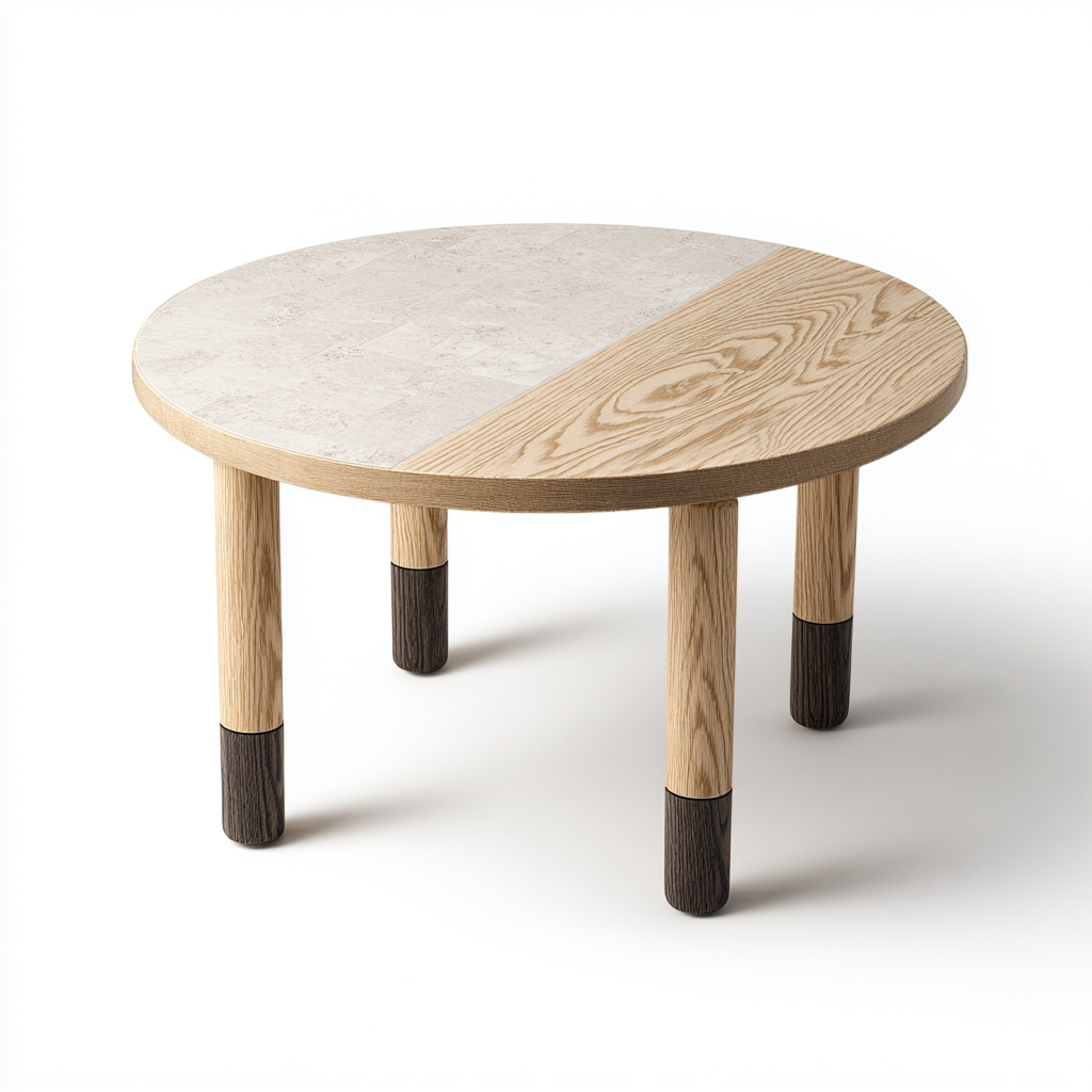 Table basse ronde bois et pierre 80x80x40 cm - beige-naturel - design contemporain-Havengetio