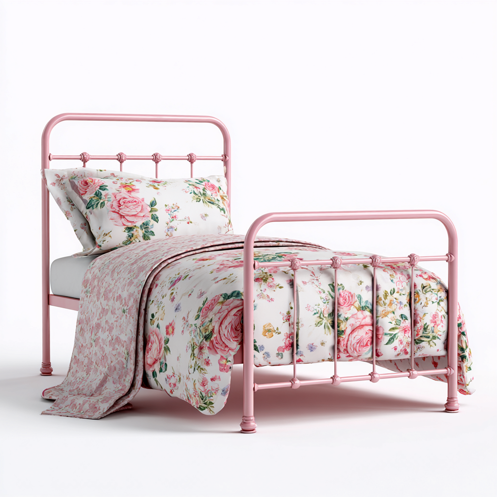 Lit enfant métal 190x90x95 cm - rose - style classique - adapté à la chambre-Havengetio