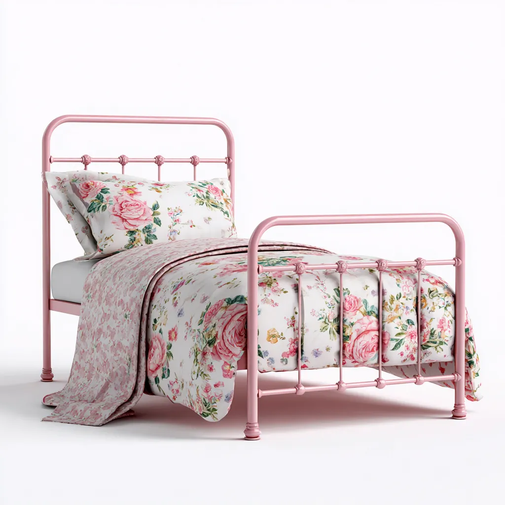 Lit enfant métal 190x90x95 cm - rose - style classique - adapté à la chambre-Havengetio