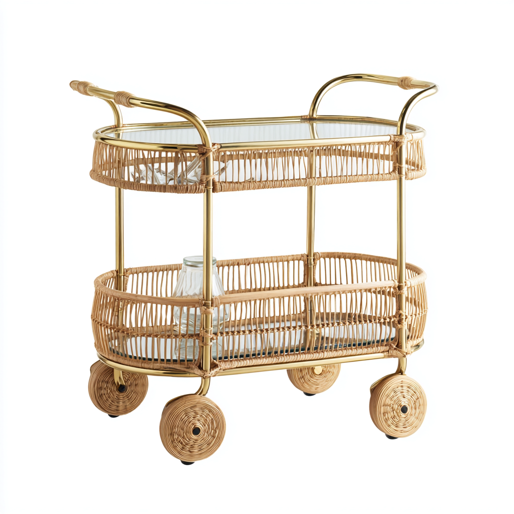 Dessertes et chariots en rotin et métal 78x48x85 cm - rotin naturel - avec roulettes - design moderne pour salon-Havengetio