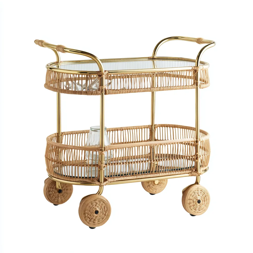 Dessertes et chariots en rotin et métal 78x48x85 cm - rotin naturel - avec roulettes - design moderne pour salon-Havengetio