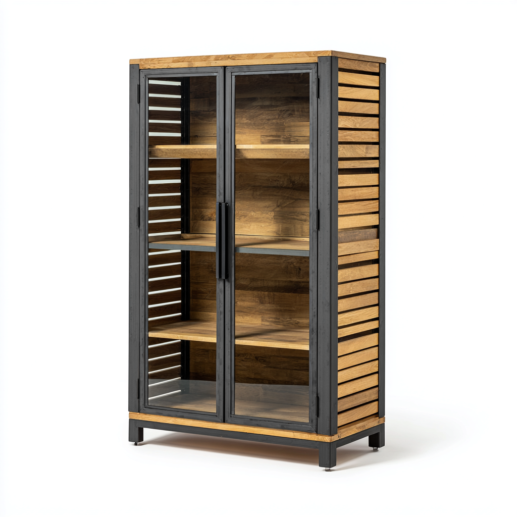 Vitrine métal et bois 85x40x160 cm - noir-bois naturel - adaptée à la maison - design industriel-Havengetio