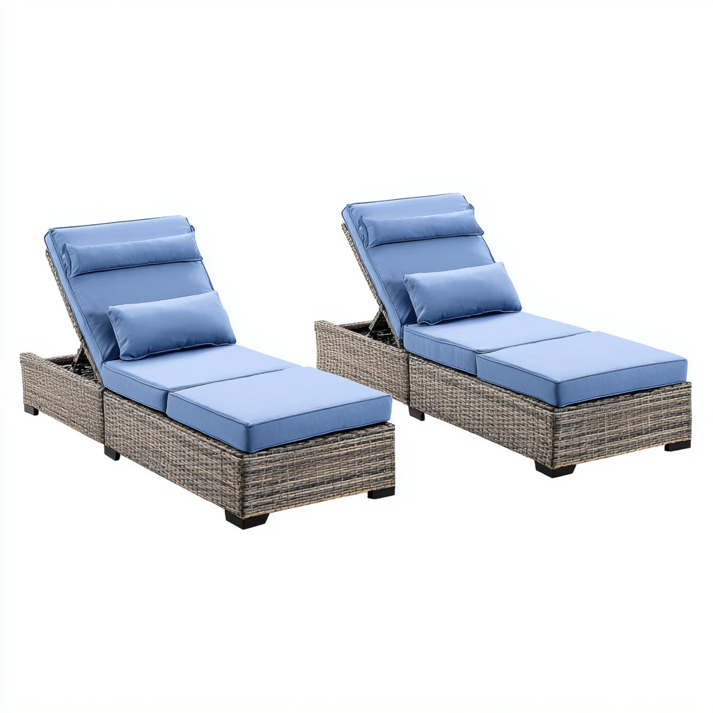 Transat en résine tressée avec coussins 200x65x35 cm - bleu-gris - bain de soleil réglable extérieur-Havengetio