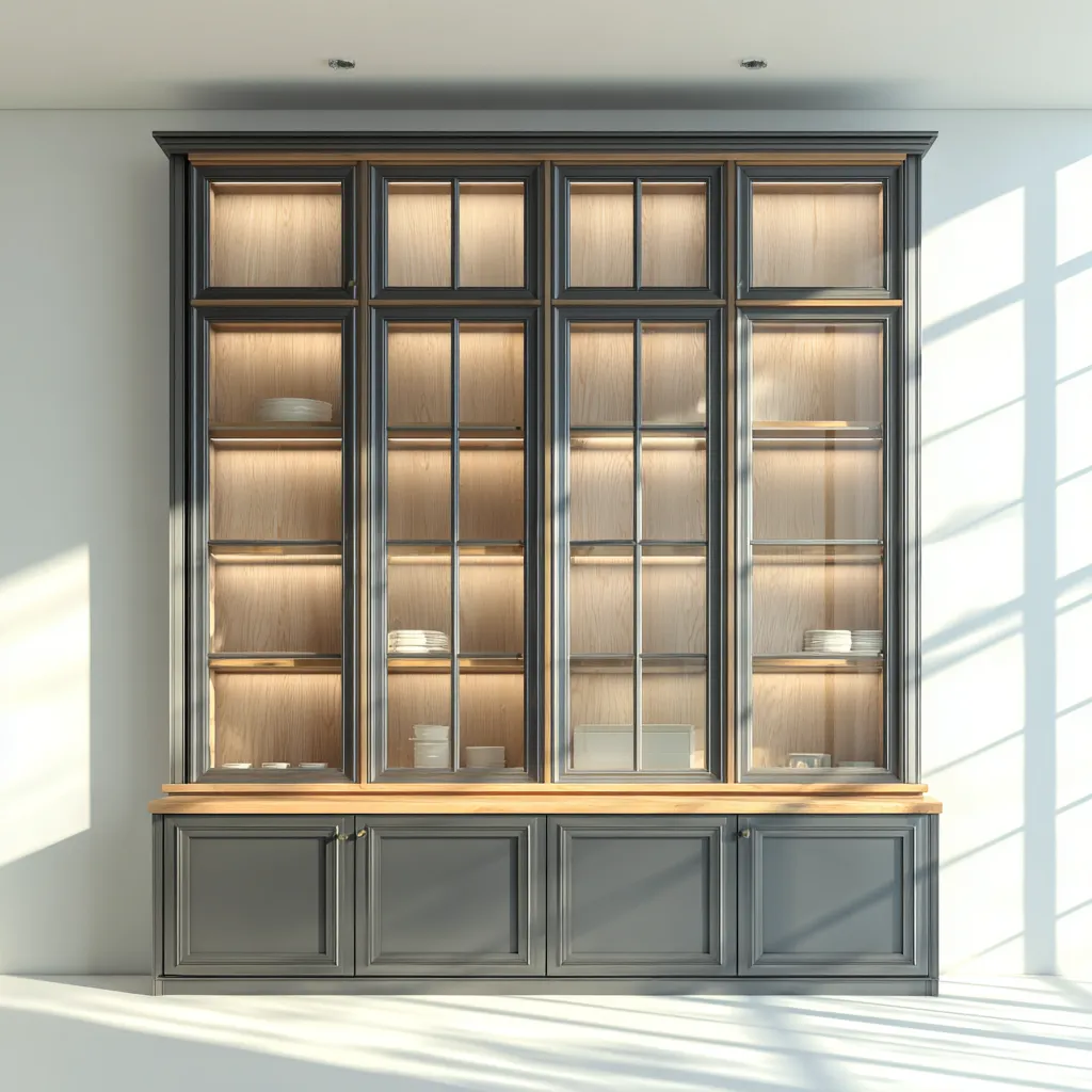 Vitrine en métal et bois 240x45x230 cm - noir-bois naturel - avec portes vitrées - design contemporain pour salon-Havengetio