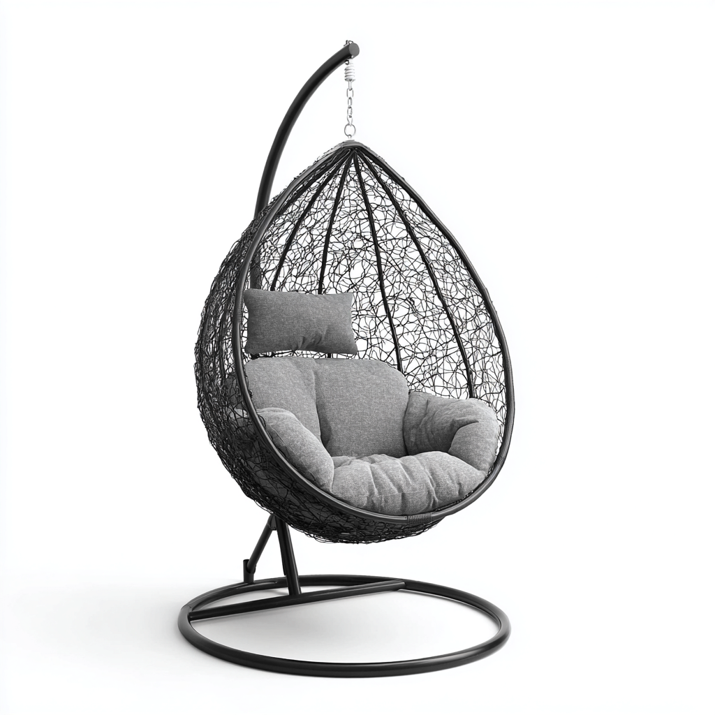 Chaise suspendue en résine tressée et métal 105x95x195 cm - noir-gris - avec support - design moderne pour extérieur-Havengetio