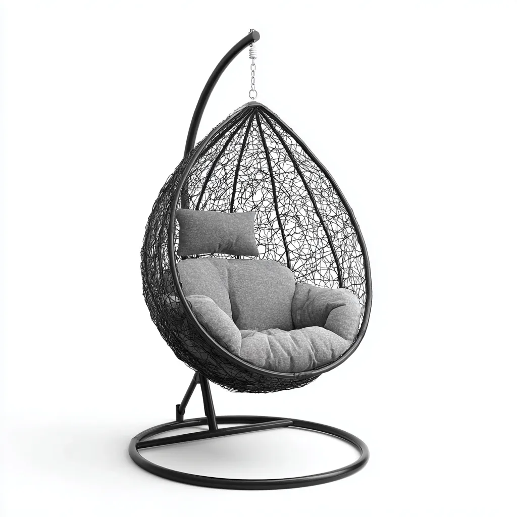 Chaise suspendue en résine tressée et métal 105x95x195 cm - noir-gris - avec support - design moderne pour extérieur-Havengetio