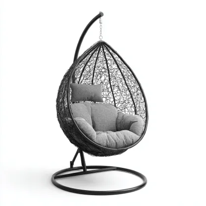 Chaise suspendue en résine tressée et métal 105x95x195 cm - noir-gris - avec support - design moderne pour extérieur-Havengetio