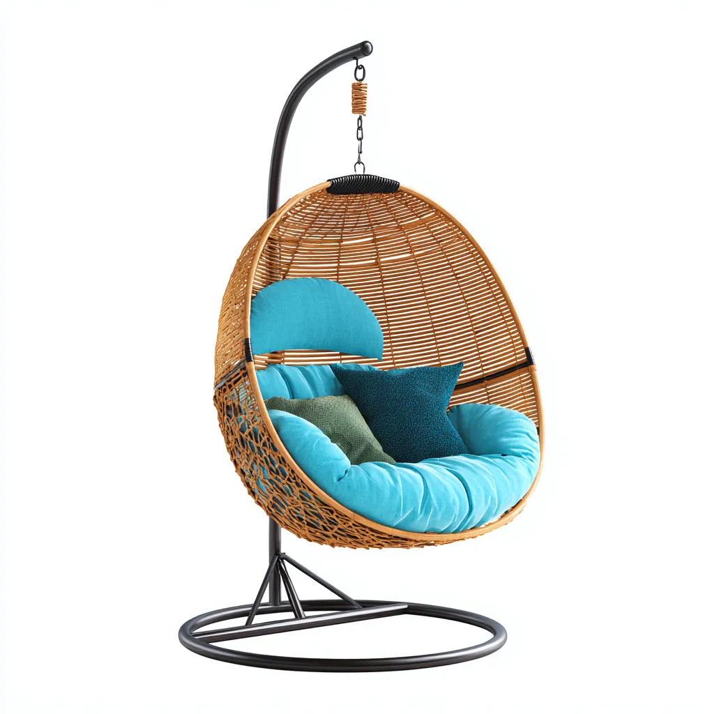 Chaise suspendue en rotin et métal 105x95x195 cm - rotin naturel-bleu - avec support - design moderne pour extérieur-Havengetio