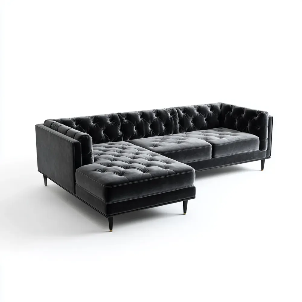 Divano angolare in velluto trapuntato 270x170x85 cm - Nero