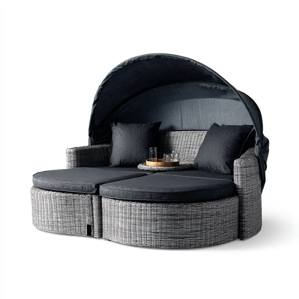 Lettino Prendisole in Rattan 180x175x145 cm – Grigio – Design Modulare