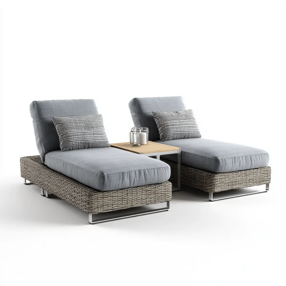 Set Lettini Prendisole 200x75x35 cm in Rattan Sintetico Grigio con Tavolino