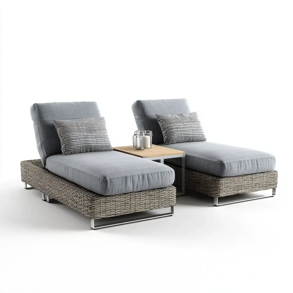 Set Lettini Prendisole 200x75x35 cm in Rattan Sintetico Grigio con Tavolino