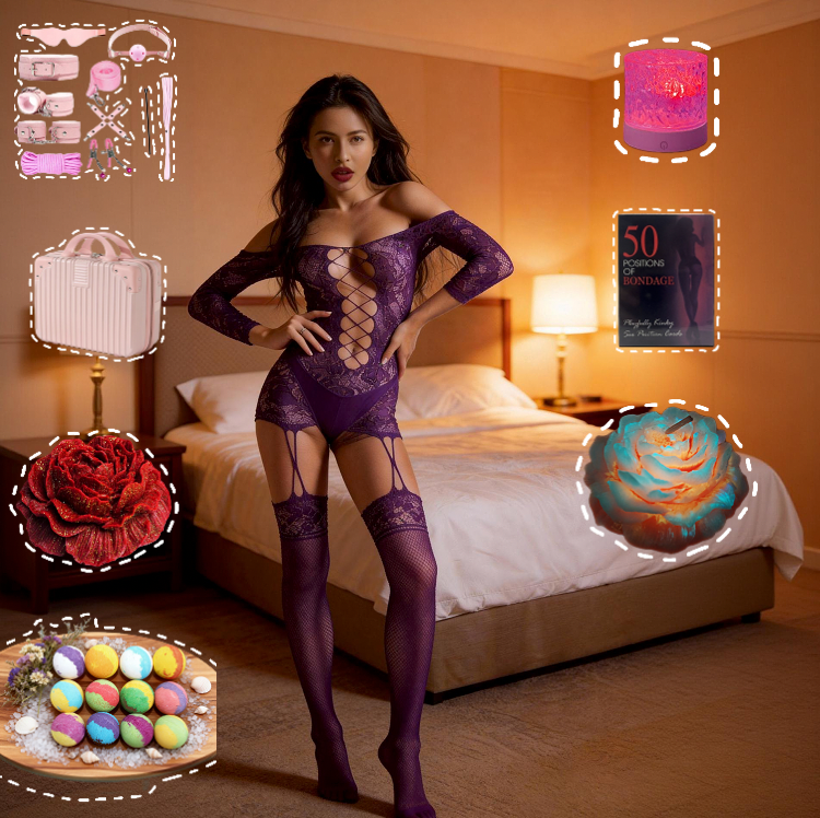 Romantic Valentine’s Day Gift Set  for Couples – Lingerie, Candles & Ambient lighting 18-piece set