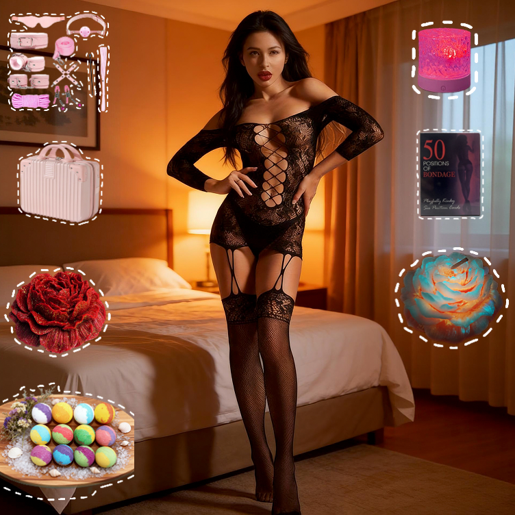 Romantic Valentine’s Day Gift Set  for Couples – Lingerie, Candles & Ambient lighting 18-piece set