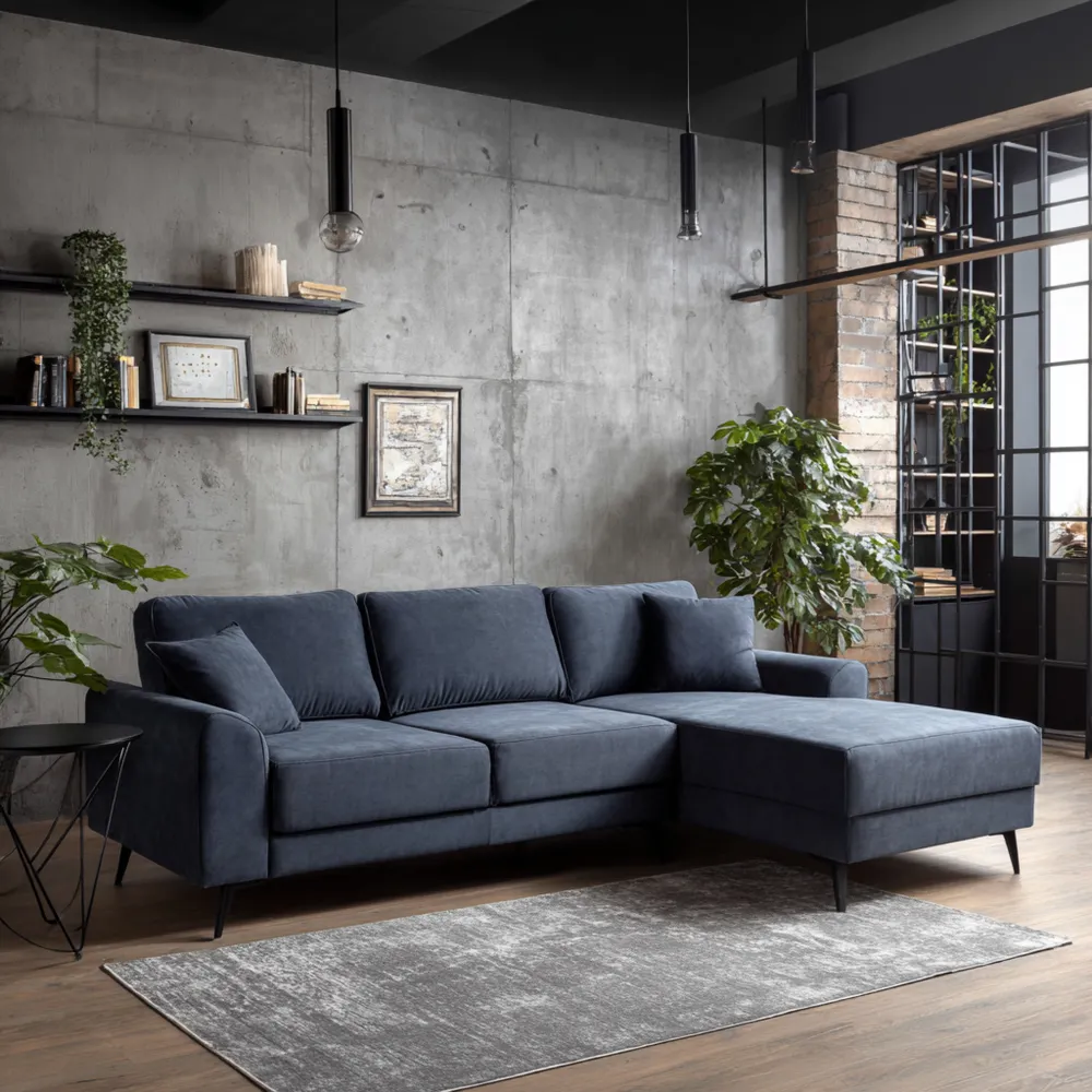 Canapé d'angle en tissu 250x90x85 cm – Bleu Foncé – Design moderne