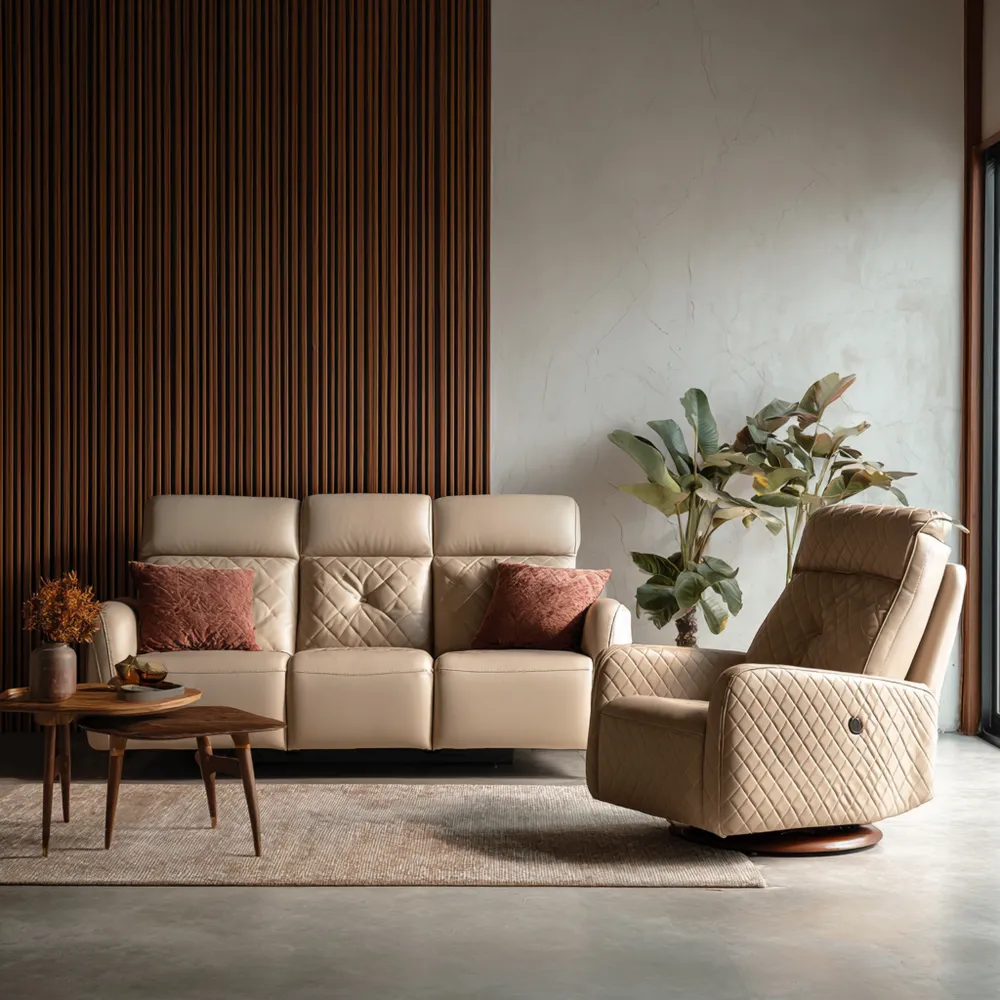 Ensemble de canapés en cuir Beige – Design Moderne (Canapé: 200x90x90 cm, Fauteuil: 90x90x100 cm)