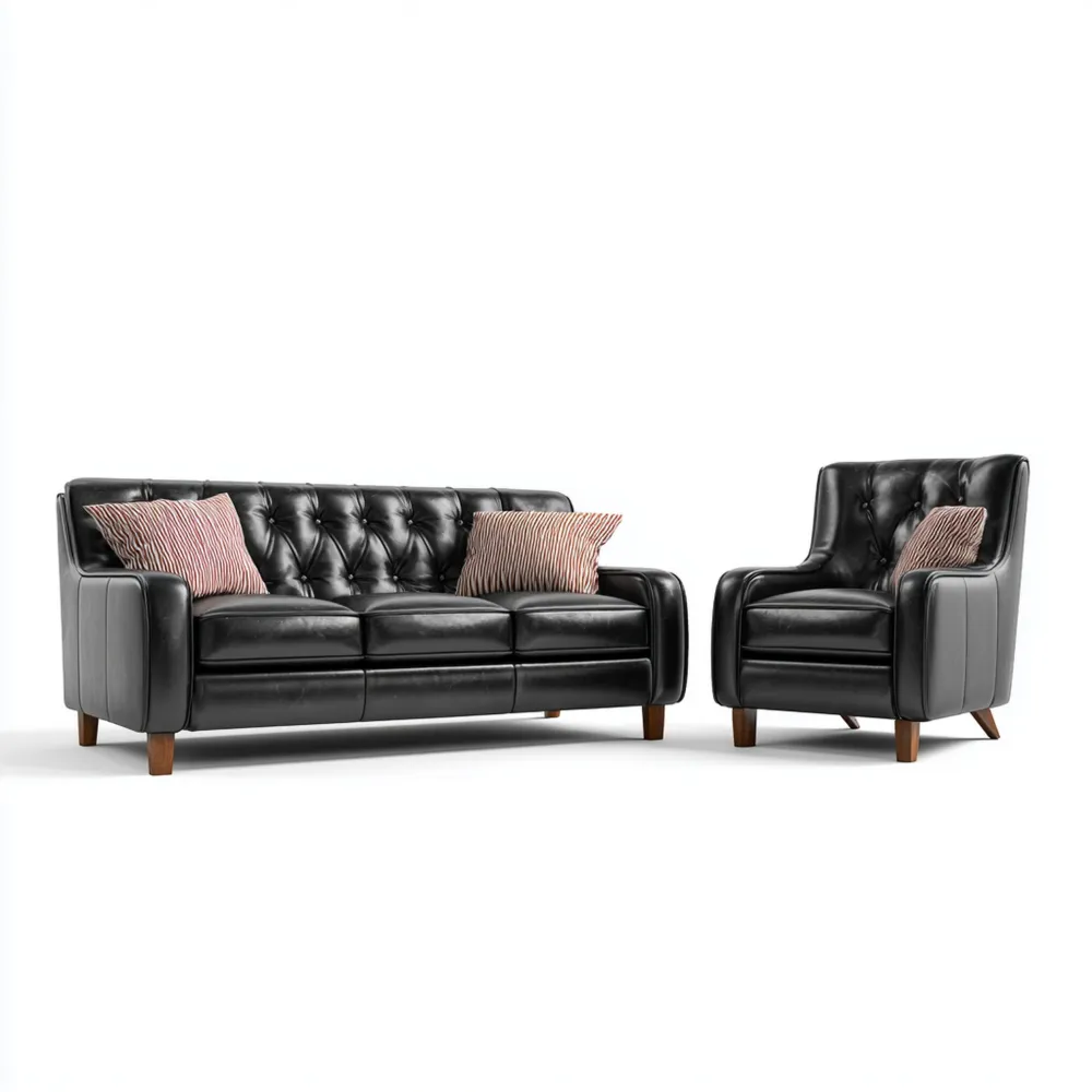 Ensemble de canapés Cuir 3 places et 1 fauteuil 200x85x80 cm et 90x85x80 cm – Noir – Design Classique