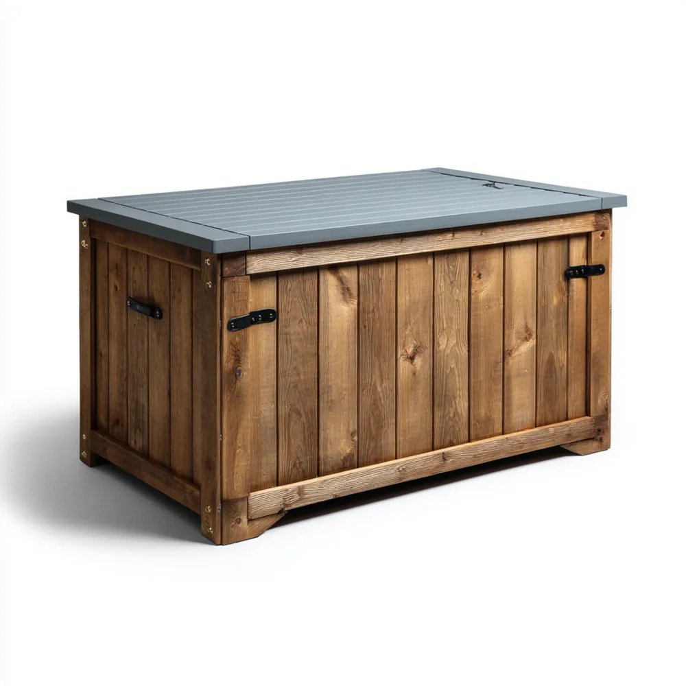 Coffre de rangement en bois 120x60x55 cm – Marron/Gris – Utilisation extérieure