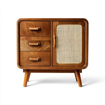 Holz Aufbewahrungsschrank 60x40x70 cm mit Schubladen und Rattan-Tür - Braun - Vintage Stil