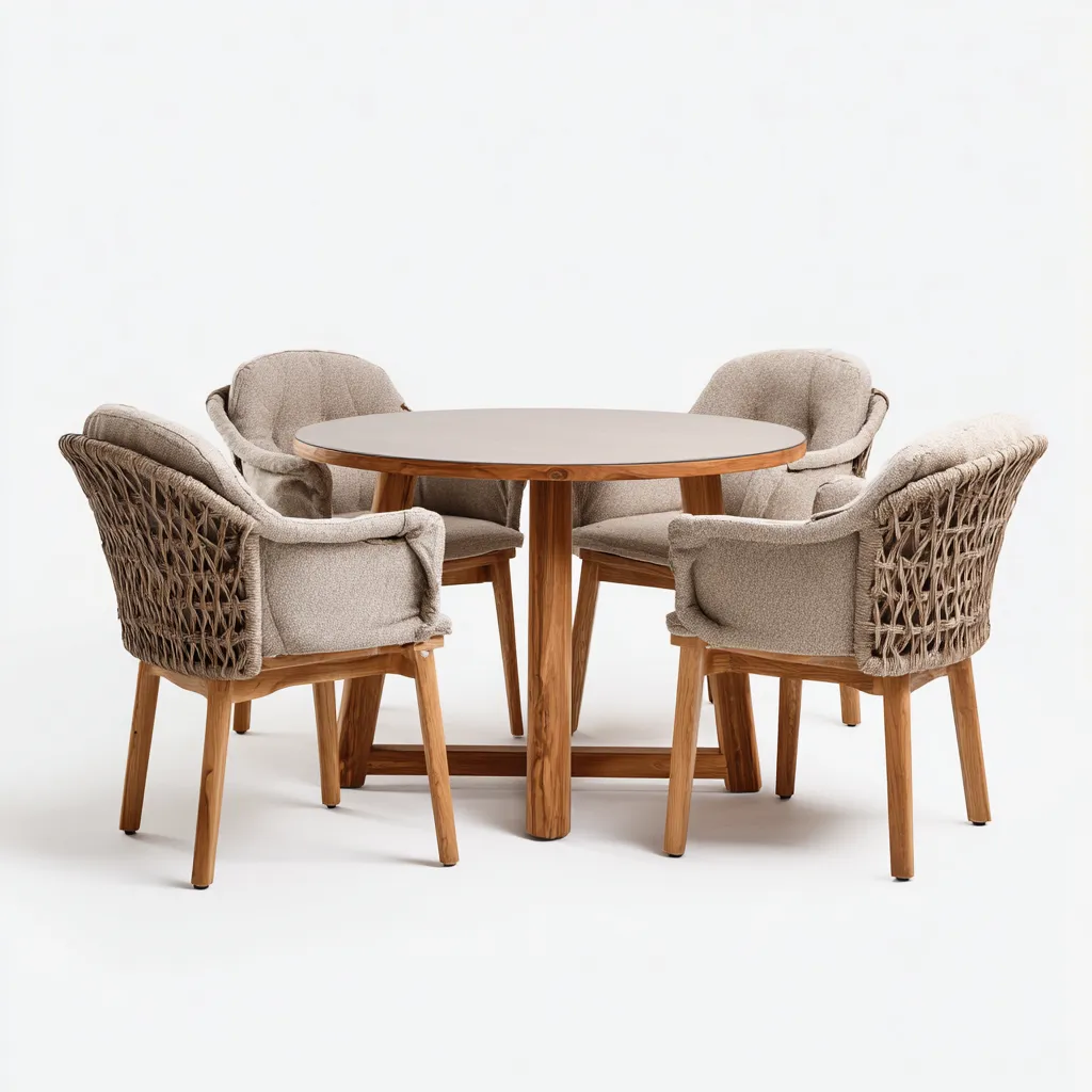 Salon de jardin repas - bois et résine tressée - beige - naturel - pour extérieur - design moderne-Casauppad