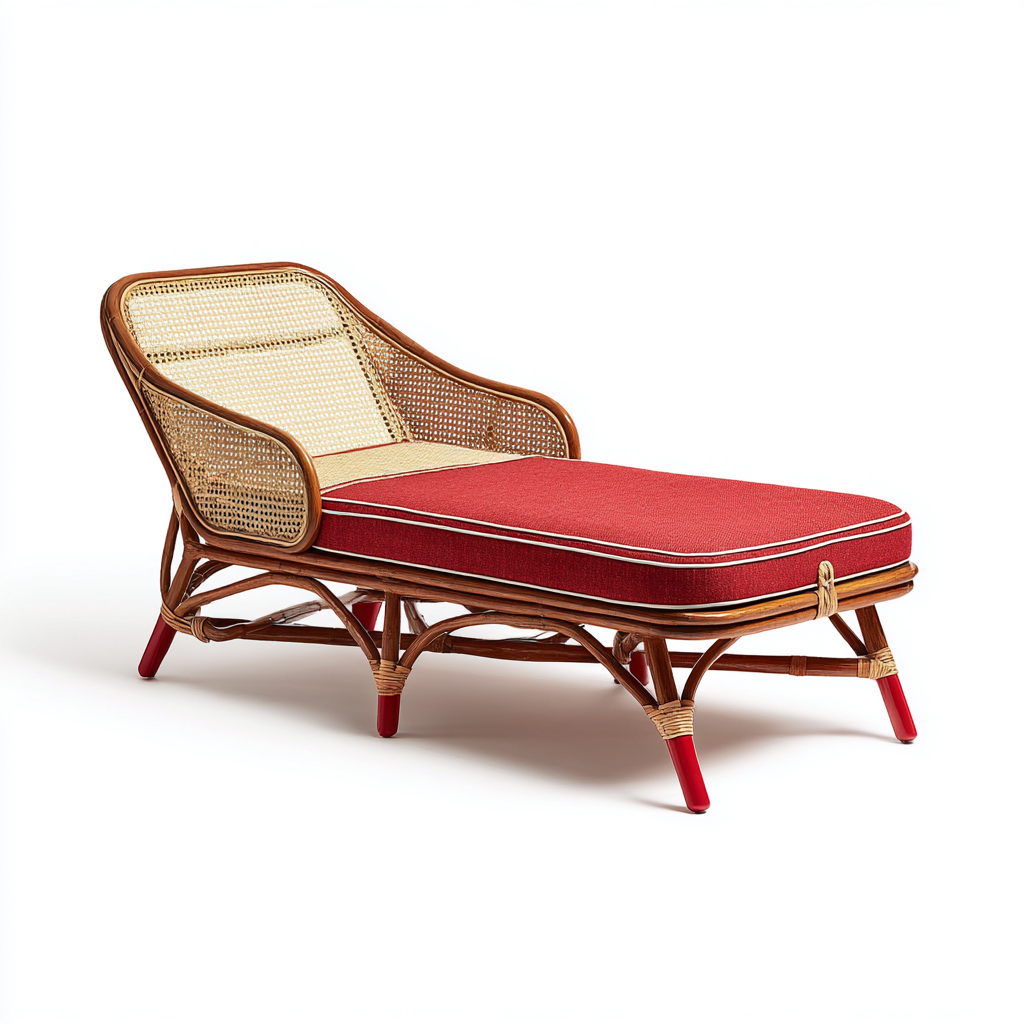 Transat rotin 190x70x85 cm - rouge - naturel - design extérieur adaptée au jardin-Casauppad