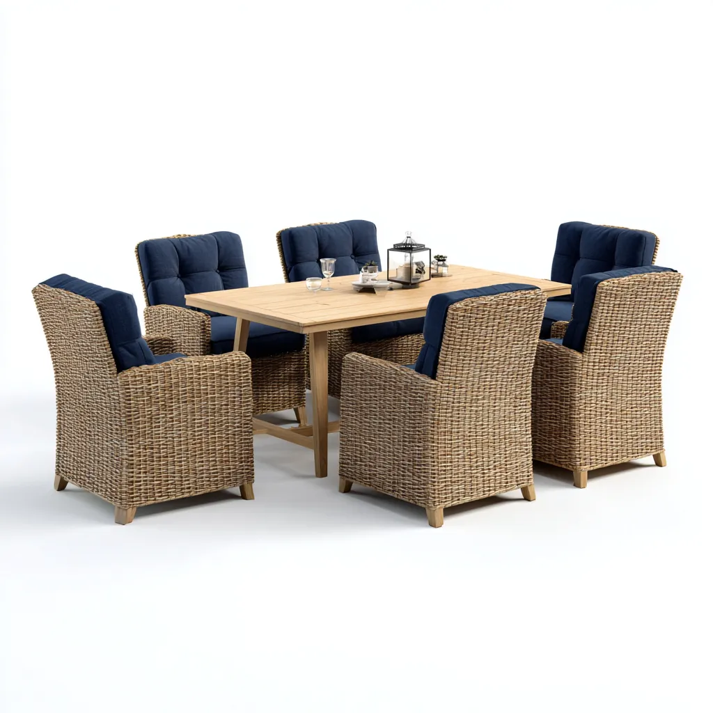 Salon de jardin repas - rotin synthétique avec coussins bleu - table en bois - pour extérieur - design moderne-Casauppad