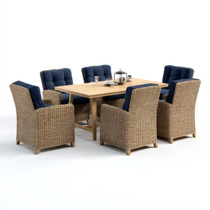 Salon de jardin repas - rotin synthétique avec coussins bleu - table en bois - pour extérieur - design moderne-Casauppad