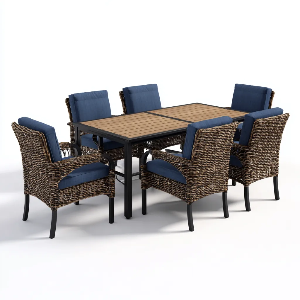 Salon de jardin repas - structure métal et rotin synthétique avec coussins bleu - pour extérieur - design moderne-Casauppad