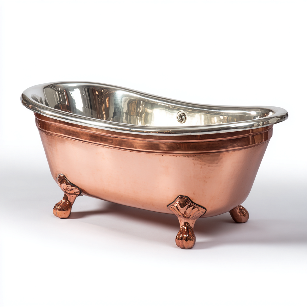 Baignoire - cuivre et métal - 155x70x68 cm - cuivre - argent - pour salle de bain - style classique-Casauppad